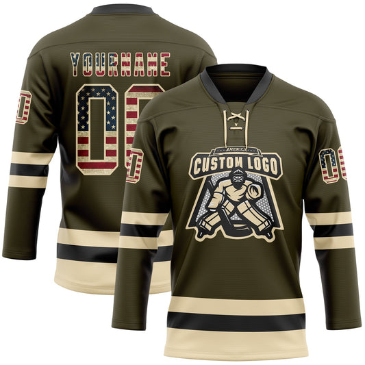 Custom Olive Vintage USA Flag Cream-Black Salute To Service Hockey Lace Neck Jersey - Sky-Custom