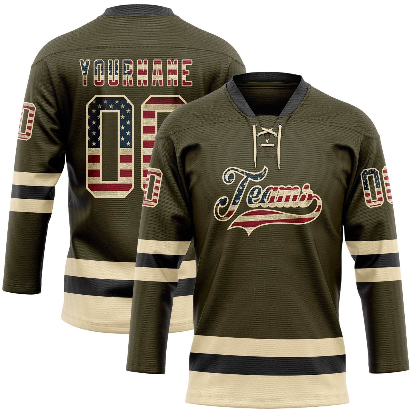 Custom Olive Vintage USA Flag Cream-Black Salute To Service Hockey Lace Neck Jersey - Sky-Custom