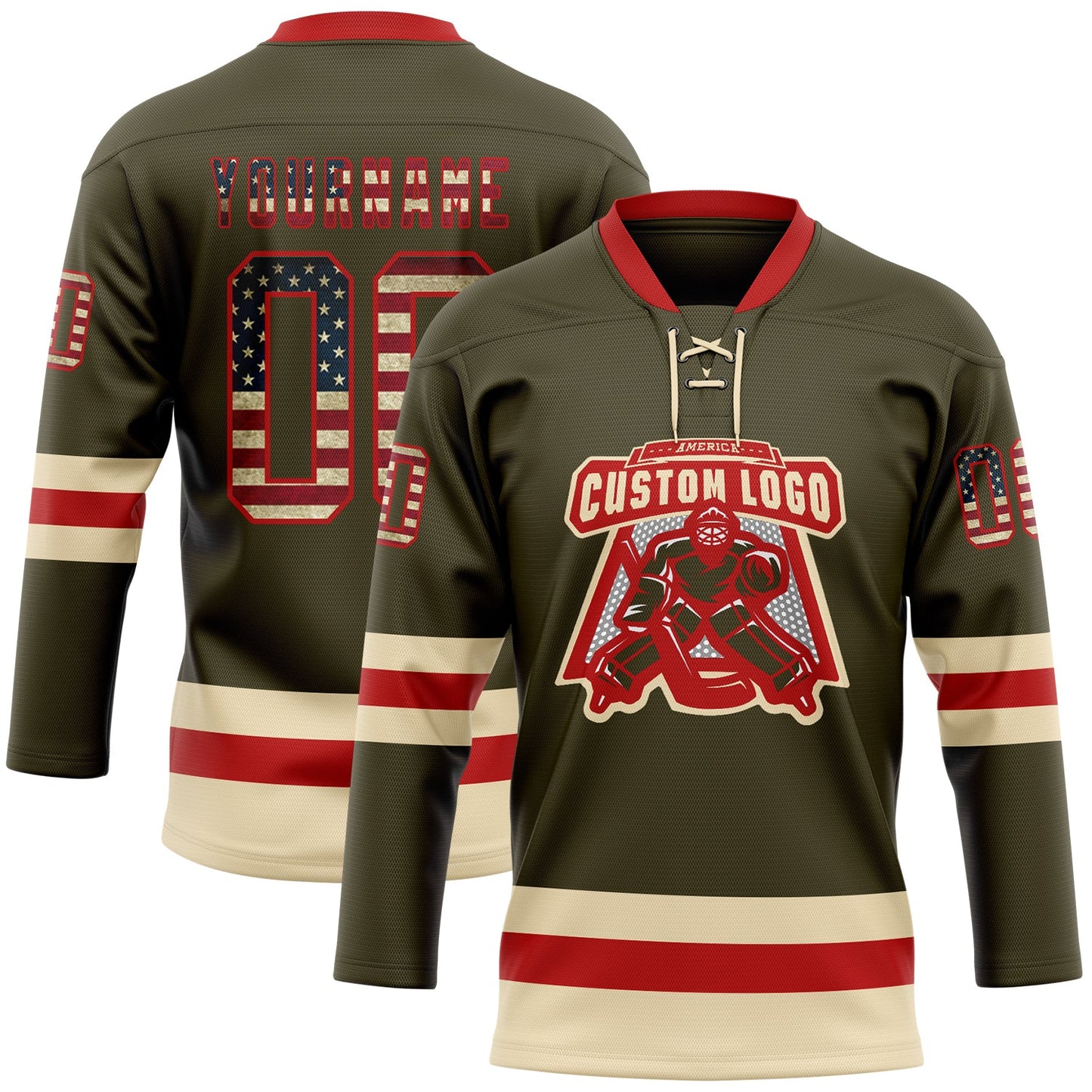 Custom Olive Vintage USA Flag Red-Cream Salute To Service Hockey Lace Neck Jersey - Sky-Custom