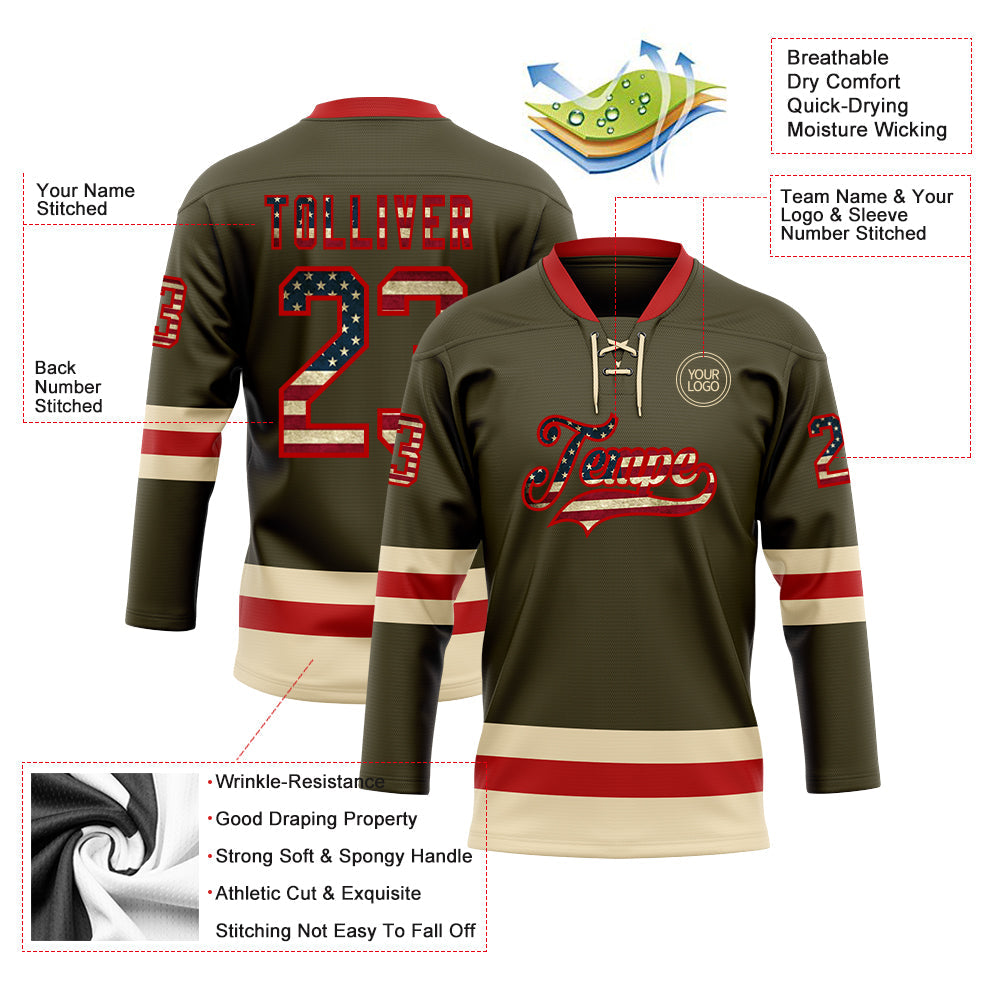 Custom Olive Vintage USA Flag Red-Cream Salute To Service Hockey Lace Neck Jersey - Sky-Custom