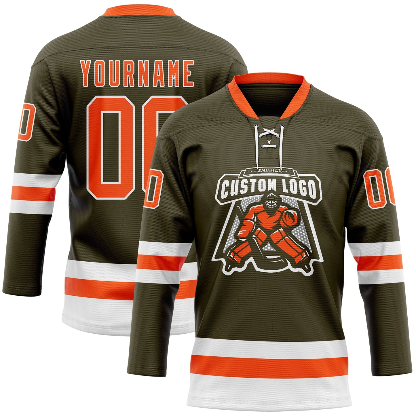 Custom Olive Orange-White Salute To Service Hockey Lace Neck Jersey - Sky-Custom