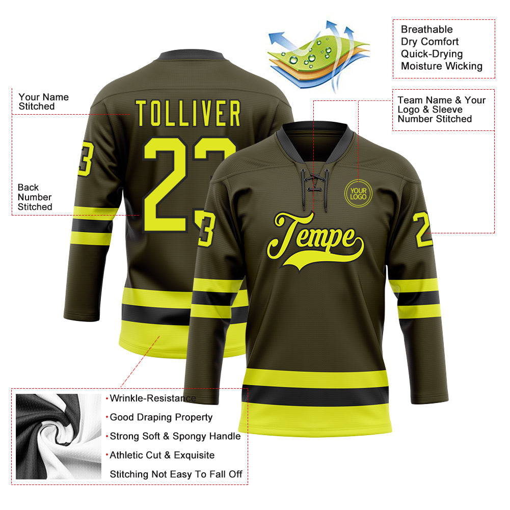 Custom Olive Neon Yellow-Black Salute To Service Hockey Lace Neck Jersey - Sky-Custom