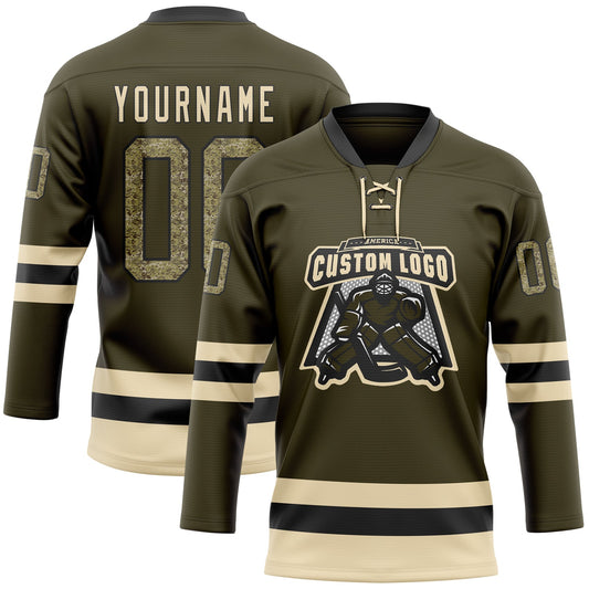 Custom Olive Camo Black-Cream Salute To Service Hockey Lace Neck Jersey - Sky-Custom