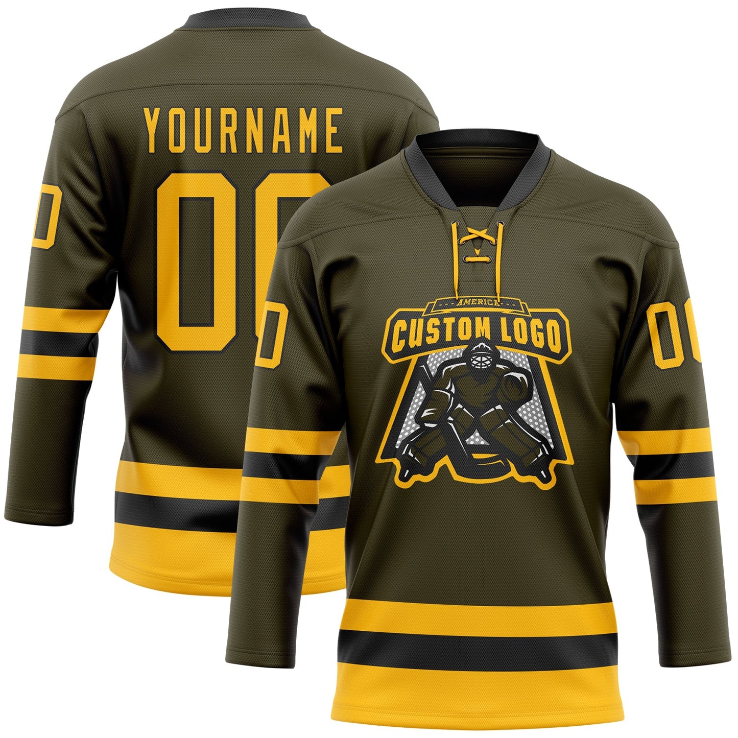 Custom Olive Gold-Black Salute To Service Hockey Lace Neck Jersey - Sky-Custom