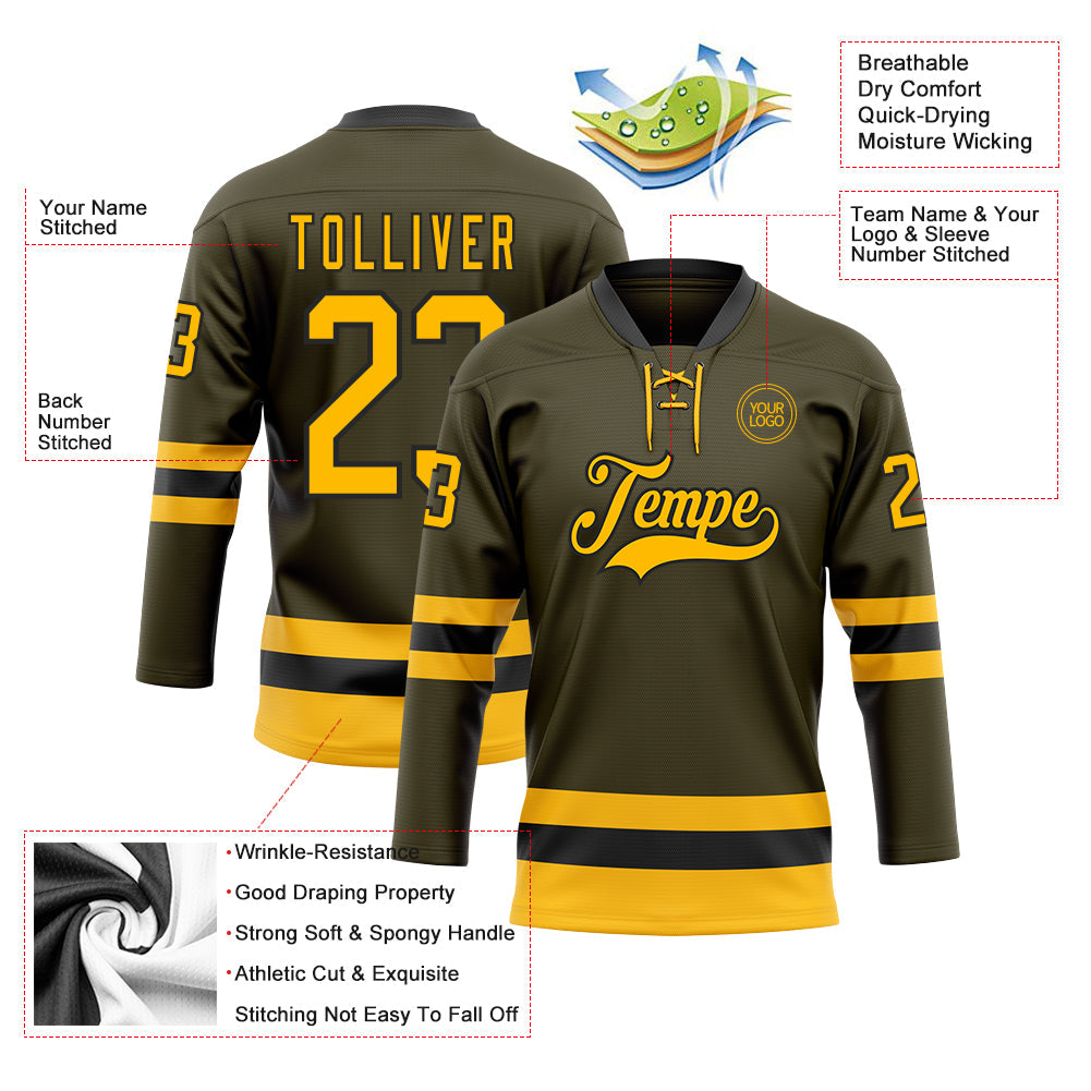 Custom Olive Gold-Black Salute To Service Hockey Lace Neck Jersey - Sky-Custom