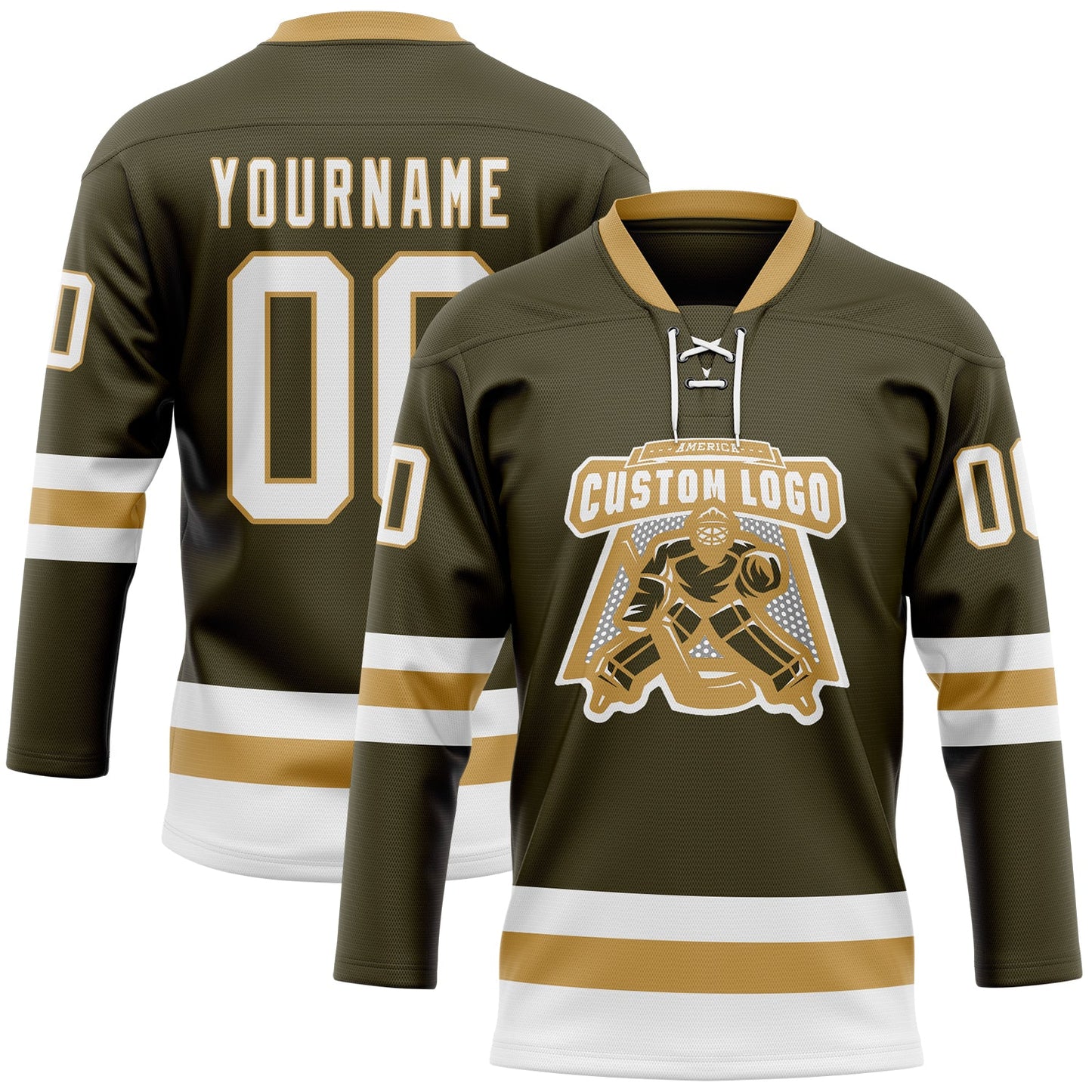Custom Olive White-Old Gold Salute To Service Hockey Lace Neck Jersey - Sky-Custom