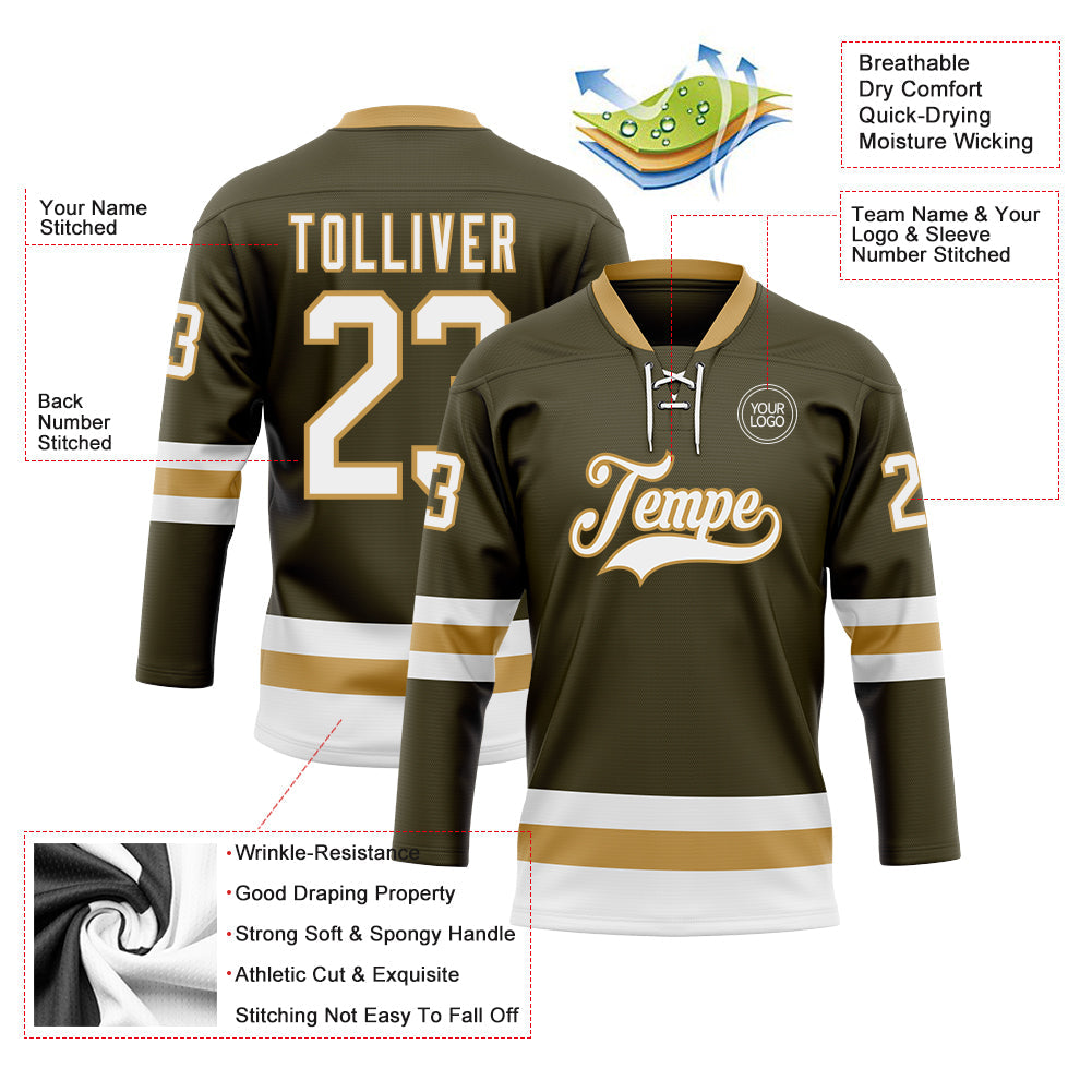 Custom Olive White-Old Gold Salute To Service Hockey Lace Neck Jersey - Sky-Custom