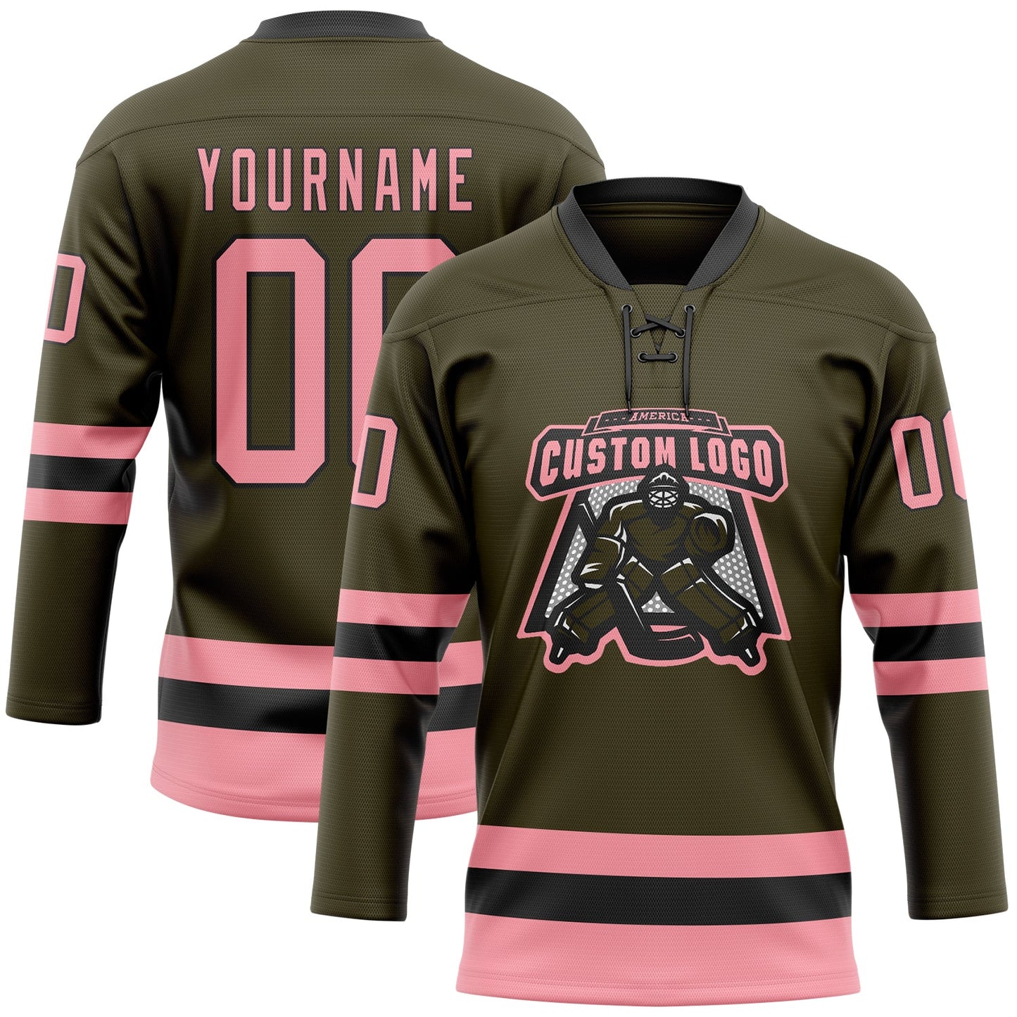 Custom Olive Medium Pink-Black Salute To Service Hockey Lace Neck Jersey - Sky-Custom