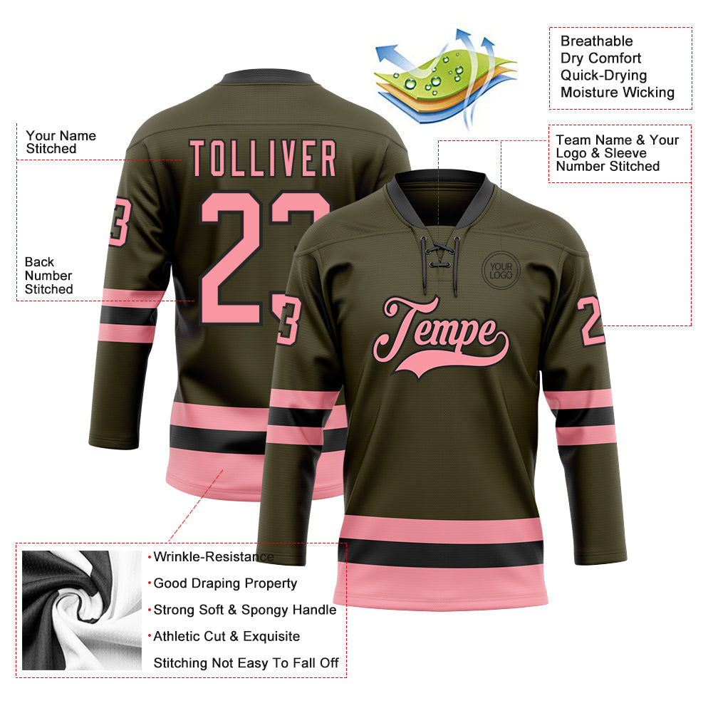 Custom Olive Medium Pink-Black Salute To Service Hockey Lace Neck Jersey - Sky-Custom