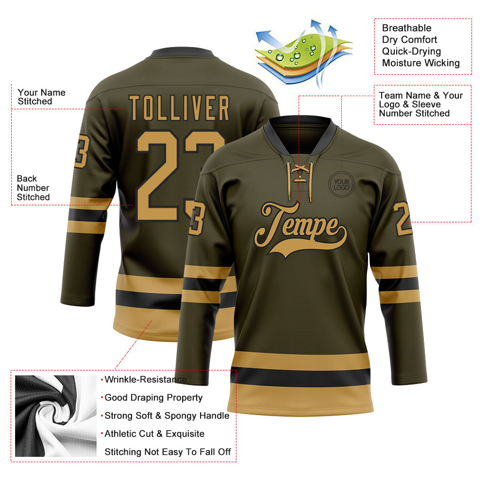 Custom Olive Old Gold-Black Salute To Service Hockey Lace Neck Jersey - Sky-Custom