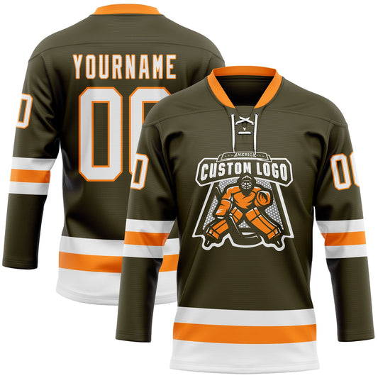 Custom Olive White-Bay Orange Salute To Service Hockey Lace Neck Jersey - Sky-Custom