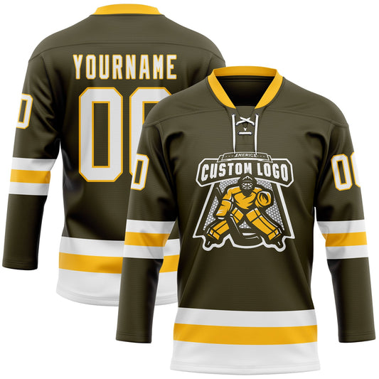 Custom Olive White-Gold Salute To Service Hockey Lace Neck Jersey - Sky-Custom