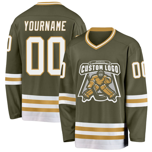 Custom Olive White-Old Gold Salute To Service Hockey Jersey - Sky-Custom