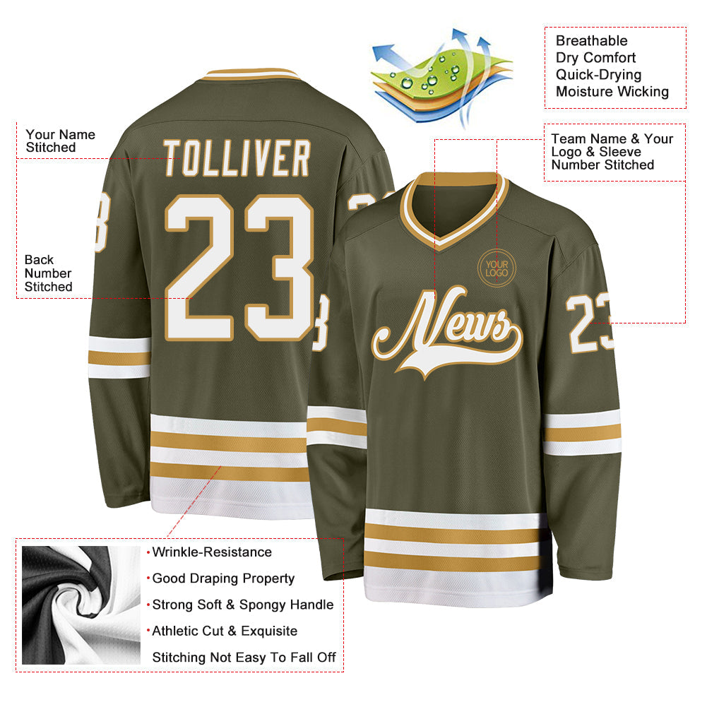 Custom Olive White-Old Gold Salute To Service Hockey Jersey - Sky-Custom
