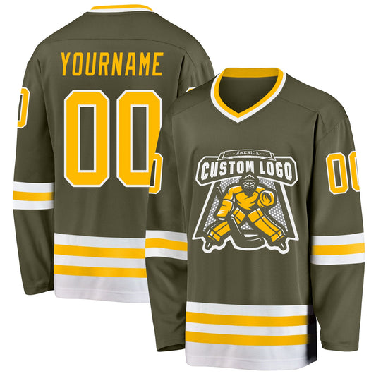 Custom Olive Gold-White Salute To Service Hockey Jersey - Sky-Custom