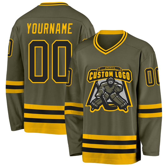 Custom Olive Black-Gold Salute To Service Hockey Jersey - Sky-Custom