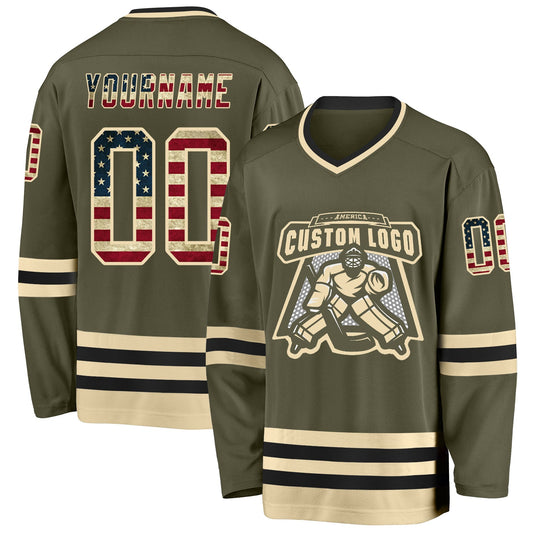Custom Olive Vintage USA Flag Cream-Black Salute To Service Hockey Jersey - Sky-Custom