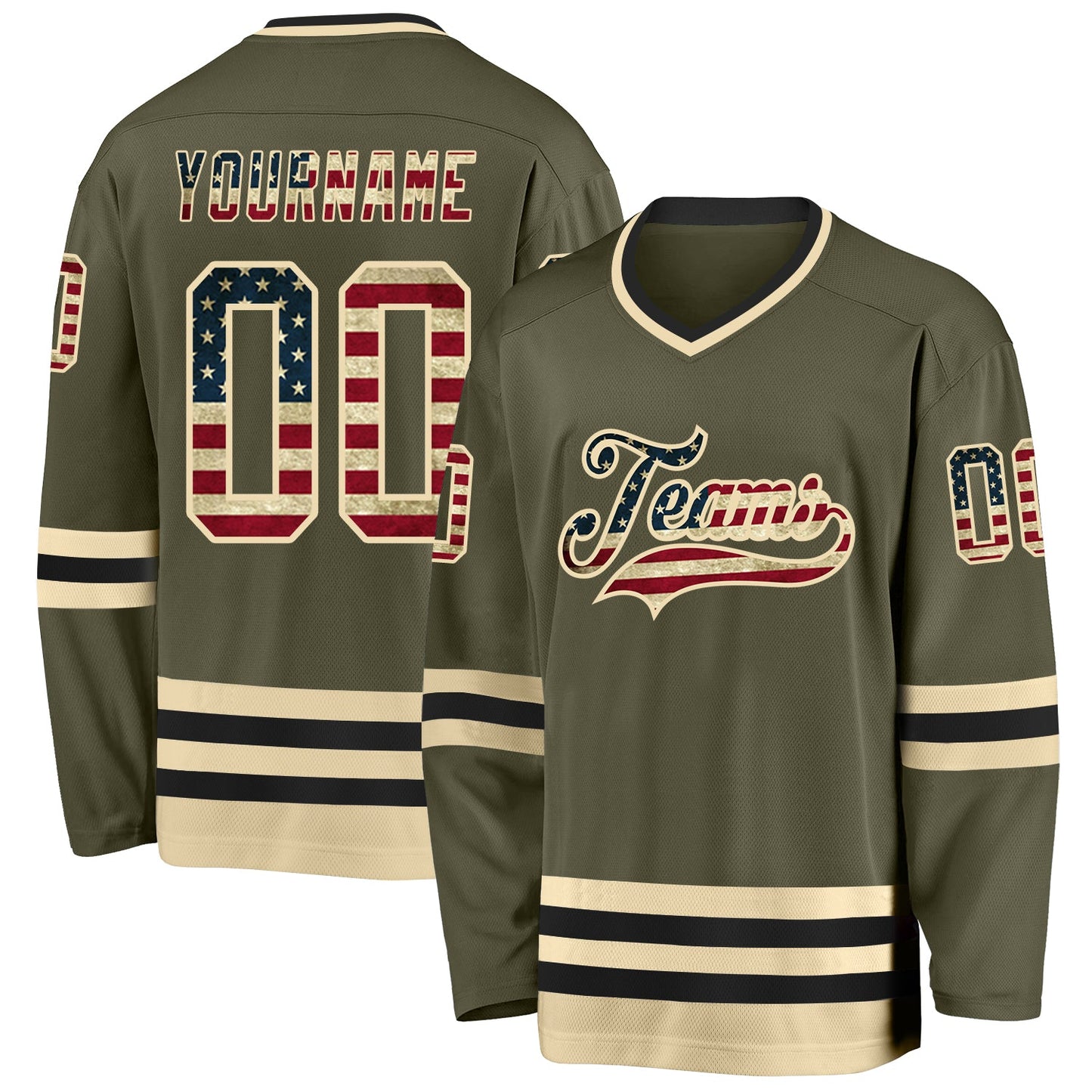 Custom Olive Vintage USA Flag Cream-Black Salute To Service Hockey Jersey - Sky-Custom
