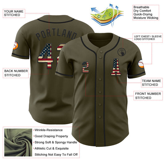 Custom Olive Vintage USA Flag-Black Authentic Salute To Service Baseball Jersey - Sky-Custom