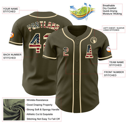Custom Olive Vintage USA Flag-Cream Authentic Salute To Service Baseball Jersey - Sky-Custom