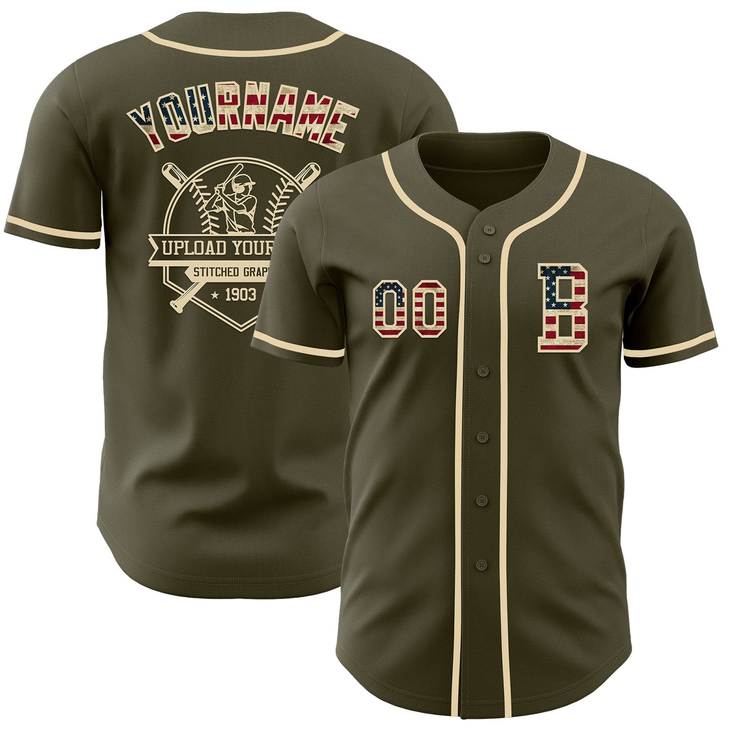 Custom Olive Vintage USA Flag-Cream Authentic Salute To Service Baseball Jersey - Sky-Custom