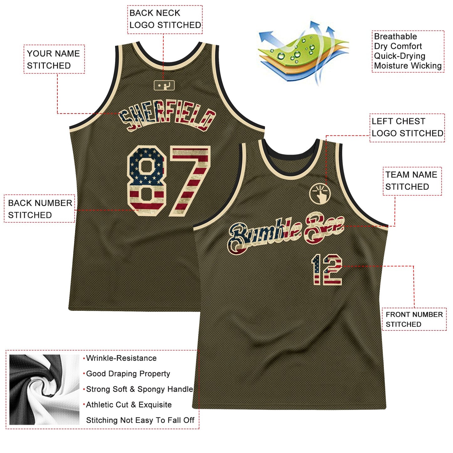 Custom Olive Vintage USA Flag Cream-Black Authentic Throwback Salute To Service Basketball Jersey - Sky-Custom