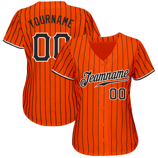 Custom Orange Black Pinstripe Black-White Authentic Baseball Jersey - Sky-Custom