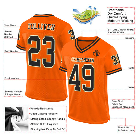 Custom Orange Black-Old Gold Mesh Authentic Throwback Football Jersey - Sky-Custom