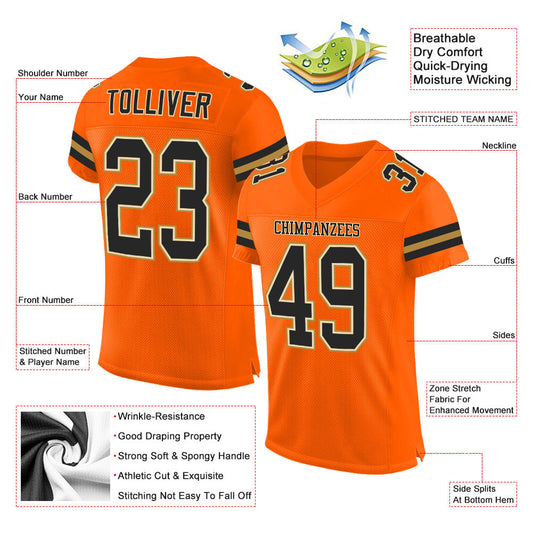 Custom Orange Black-Old Gold Mesh Authentic Football Jersey - Sky-Custom
