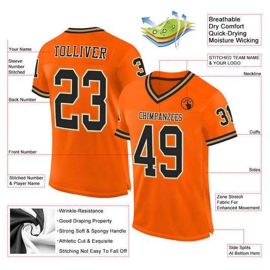 Custom Orange Black-Old Gold Mesh Authentic Throwback Football Jersey - Sky-Custom