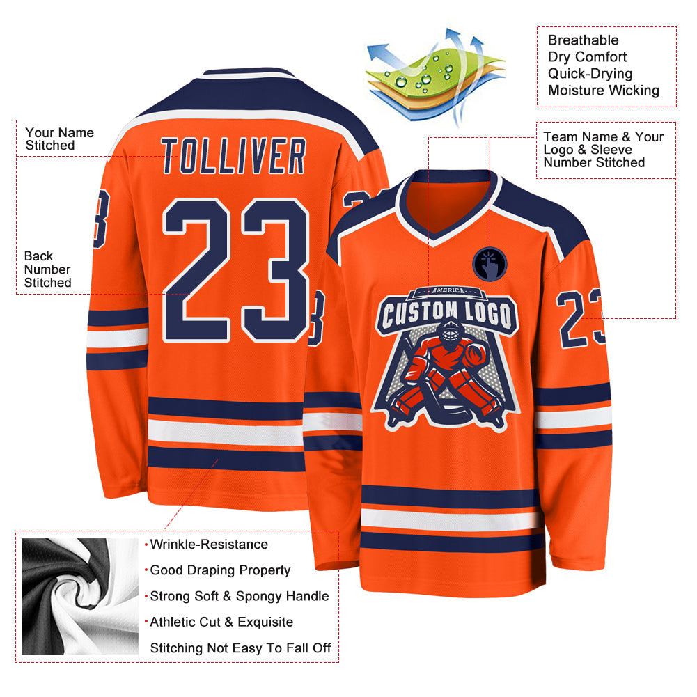 Custom Orange Navy-White Hockey Jersey - Sky-Custom