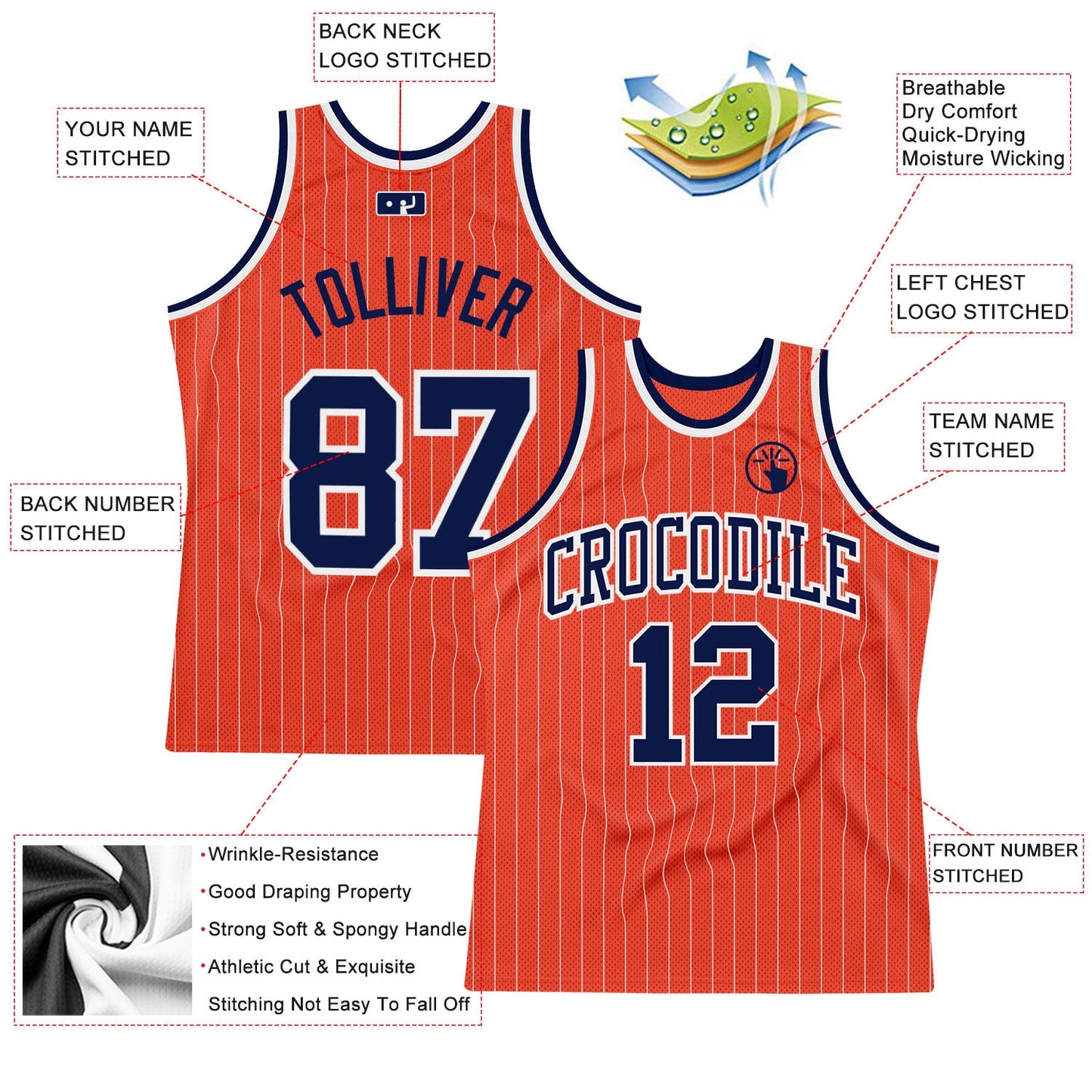 Custom Orange White Pinstripe Navy Authentic Basketball Jersey - Sky-Custom