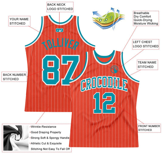 Custom Orange White Pinstripe Teal Authentic Basketball Jersey - Sky-Custom