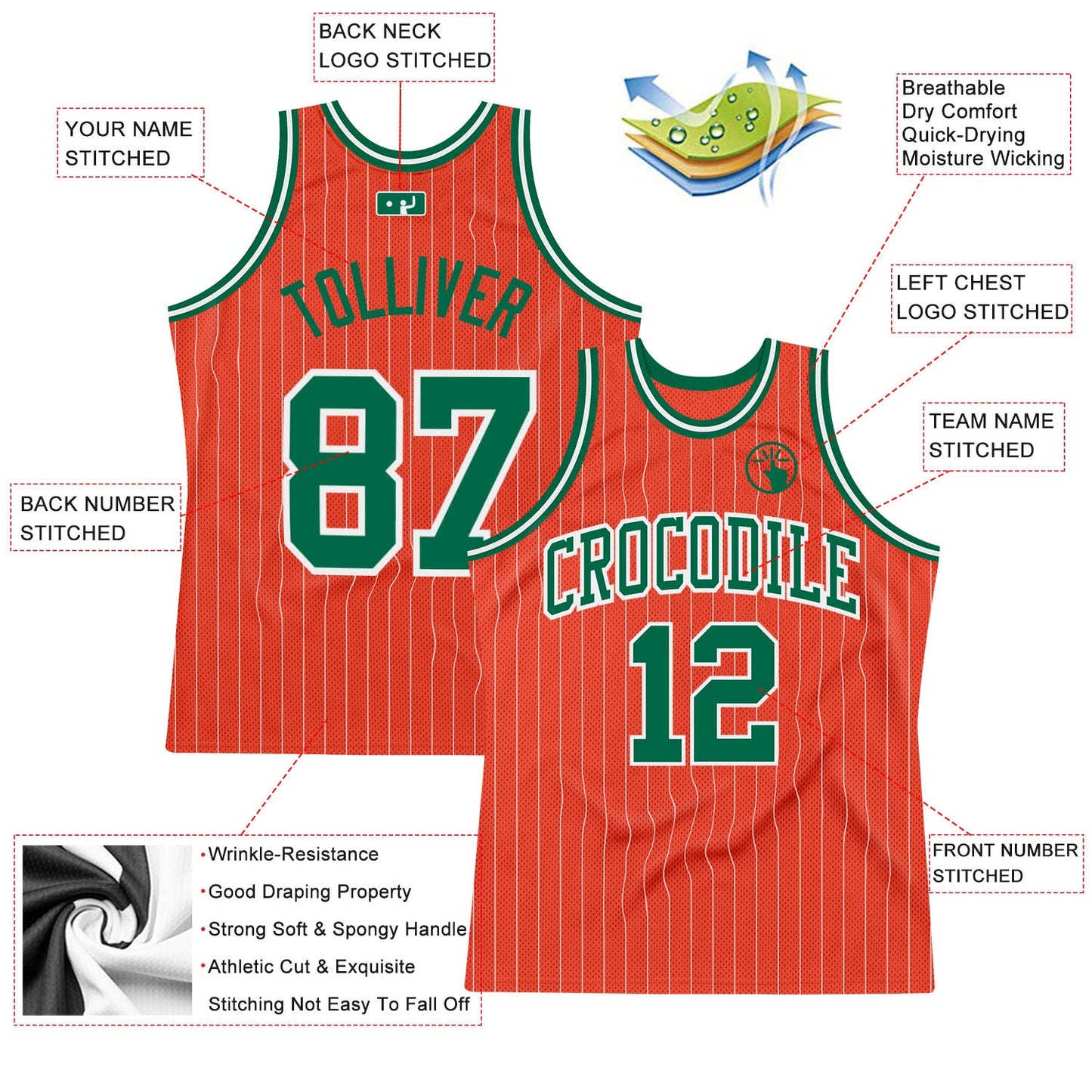 Custom Orange White Pinstripe Kelly Green Authentic Basketball Jersey - Sky-Custom
