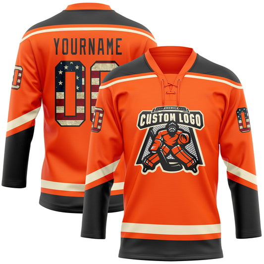 Custom Orange Vintage USA Flag Black-Cream Hockey Lace Neck Jersey - Sky-Custom
