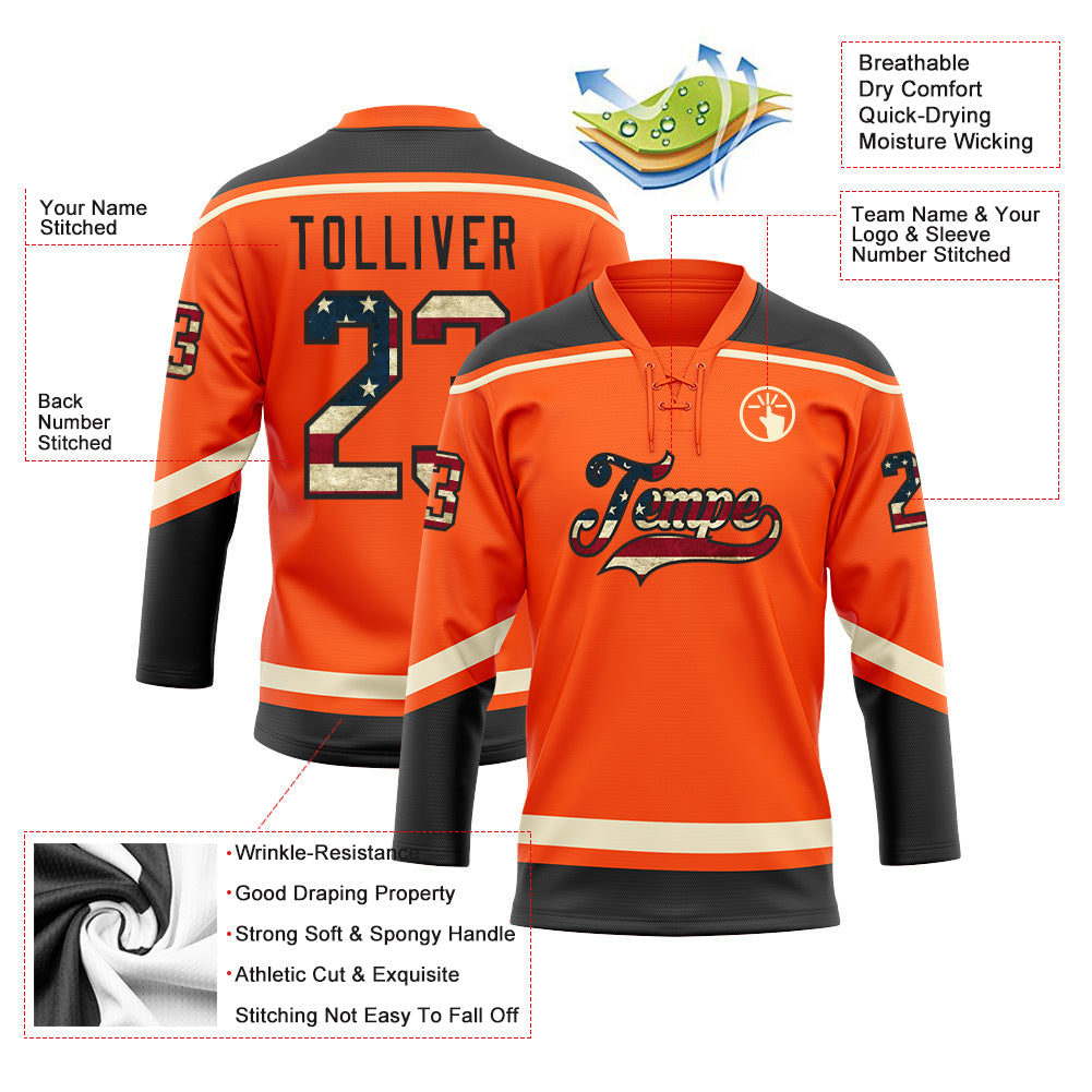 Custom Orange Vintage USA Flag Black-Cream Hockey Lace Neck Jersey - Sky-Custom
