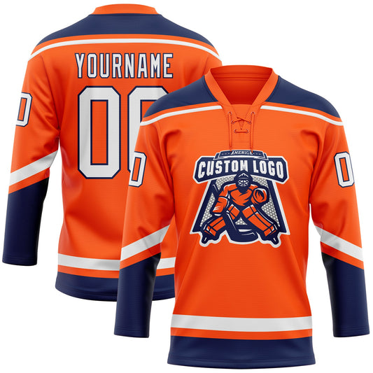 Custom Orange White-Navy Hockey Lace Neck Jersey - Sky-Custom