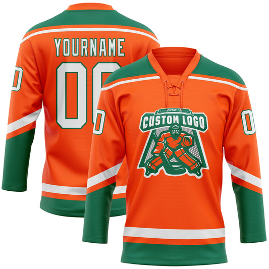 Custom Orange White-Kelly Green Hockey Lace Neck Jersey - Sky-Custom