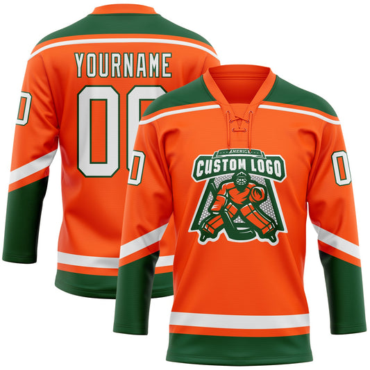 Custom Orange White-Green Hockey Lace Neck Jersey - Sky-Custom