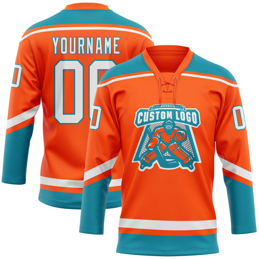 Custom Orange White-Teal Hockey Lace Neck Jersey - Sky-Custom