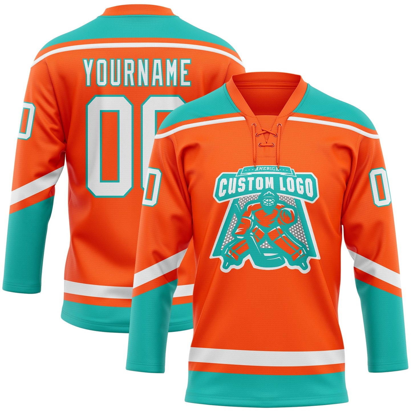 Custom Orange White-Aqua Hockey Lace Neck Jersey - Sky-Custom
