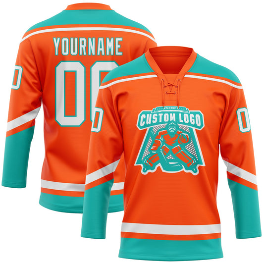 Custom Orange White-Aqua Hockey Lace Neck Jersey - Sky-Custom