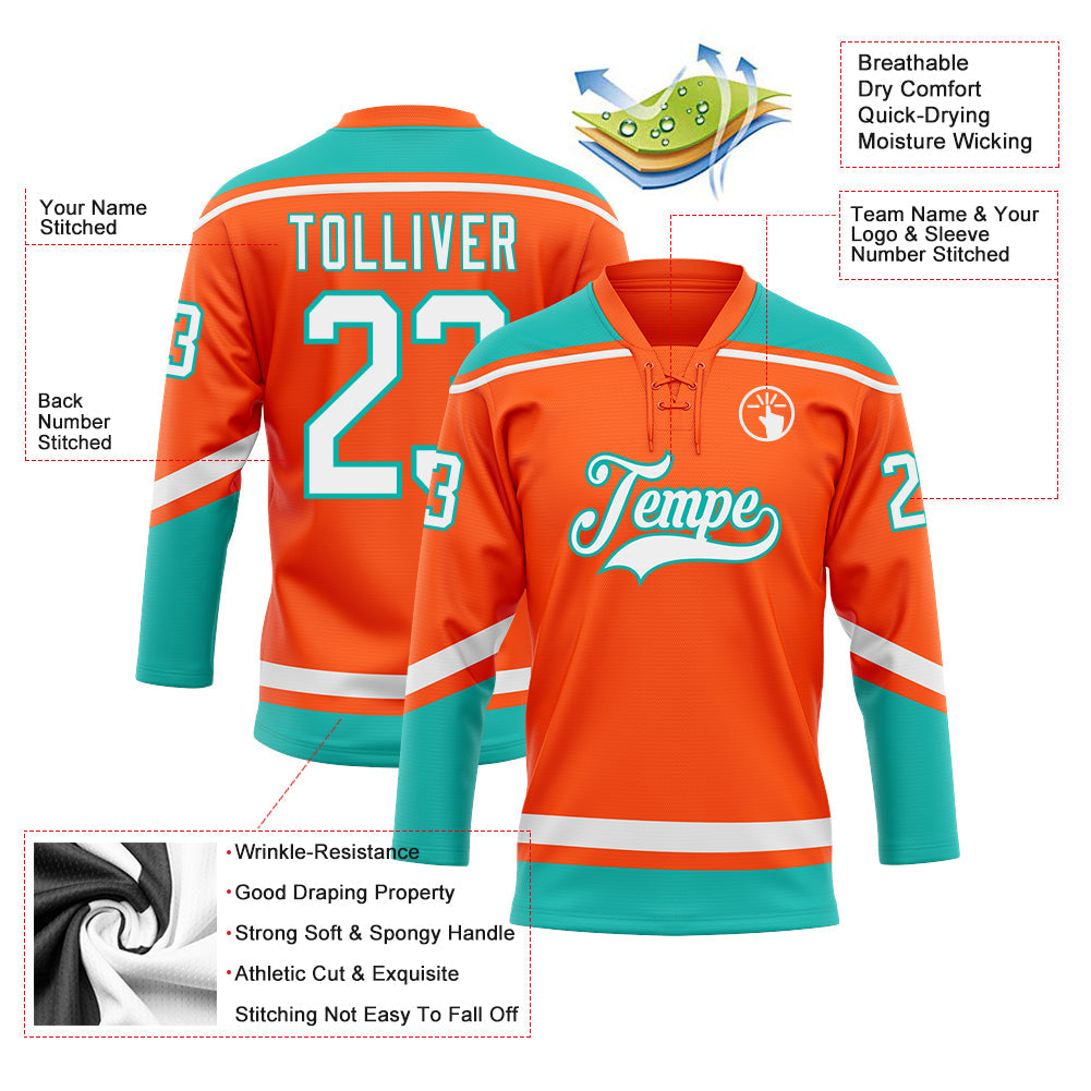 Custom Orange White-Aqua Hockey Lace Neck Jersey - Sky-Custom