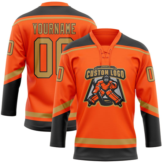 Custom Orange Old Gold-Black Hockey Lace Neck Jersey - Sky-Custom