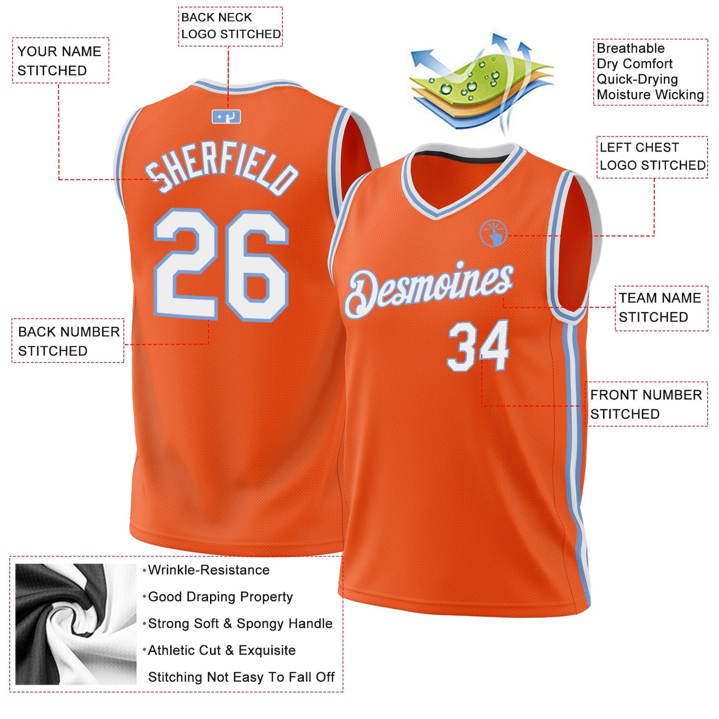 Custom Orange White-Light Blue Authentic Throwback Basketball Jersey - Sky-Custom