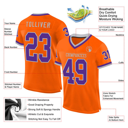 Custom Orange Purple-Gray Mesh Authentic Throwback Football Jersey - Sky-Custom