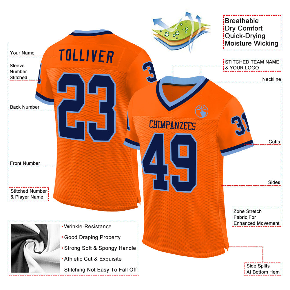 Custom Orange Navy-Light Blue Mesh Authentic Throwback Football Jersey - Sky-Custom