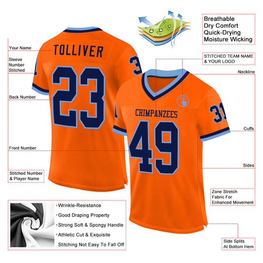 Custom Orange Navy-Light Blue Mesh Authentic Throwback Football Jersey - Sky-Custom