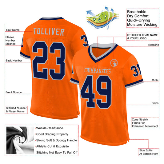 Custom Orange Navy-Gray Mesh Authentic Throwback Football Jersey - Sky-Custom