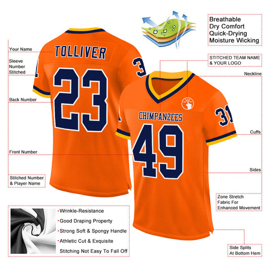 Custom Orange Navy-Gold Mesh Authentic Throwback Football Jersey - Sky-Custom